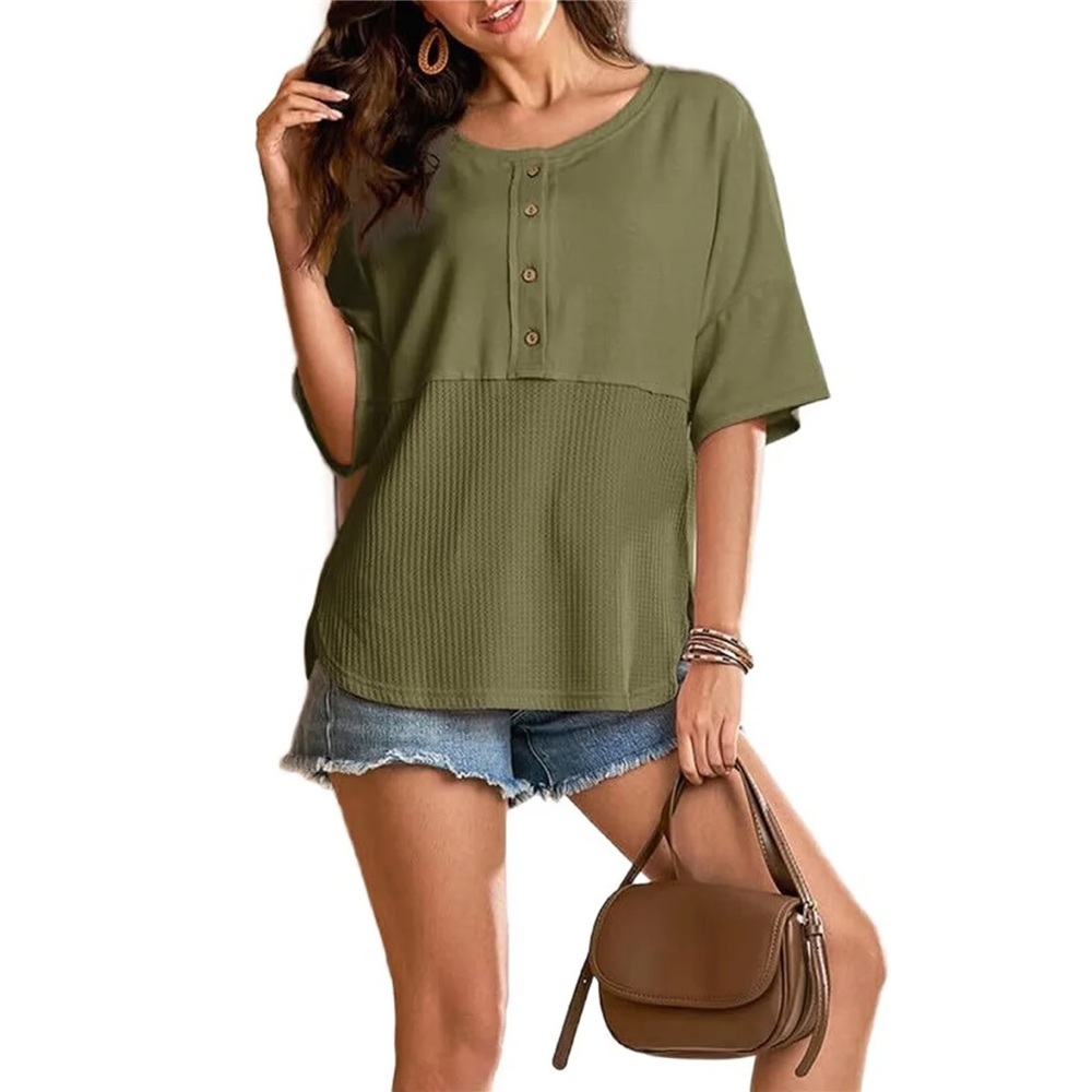 Olive Button-Front Waffle Knit Split-Hem Women's Top